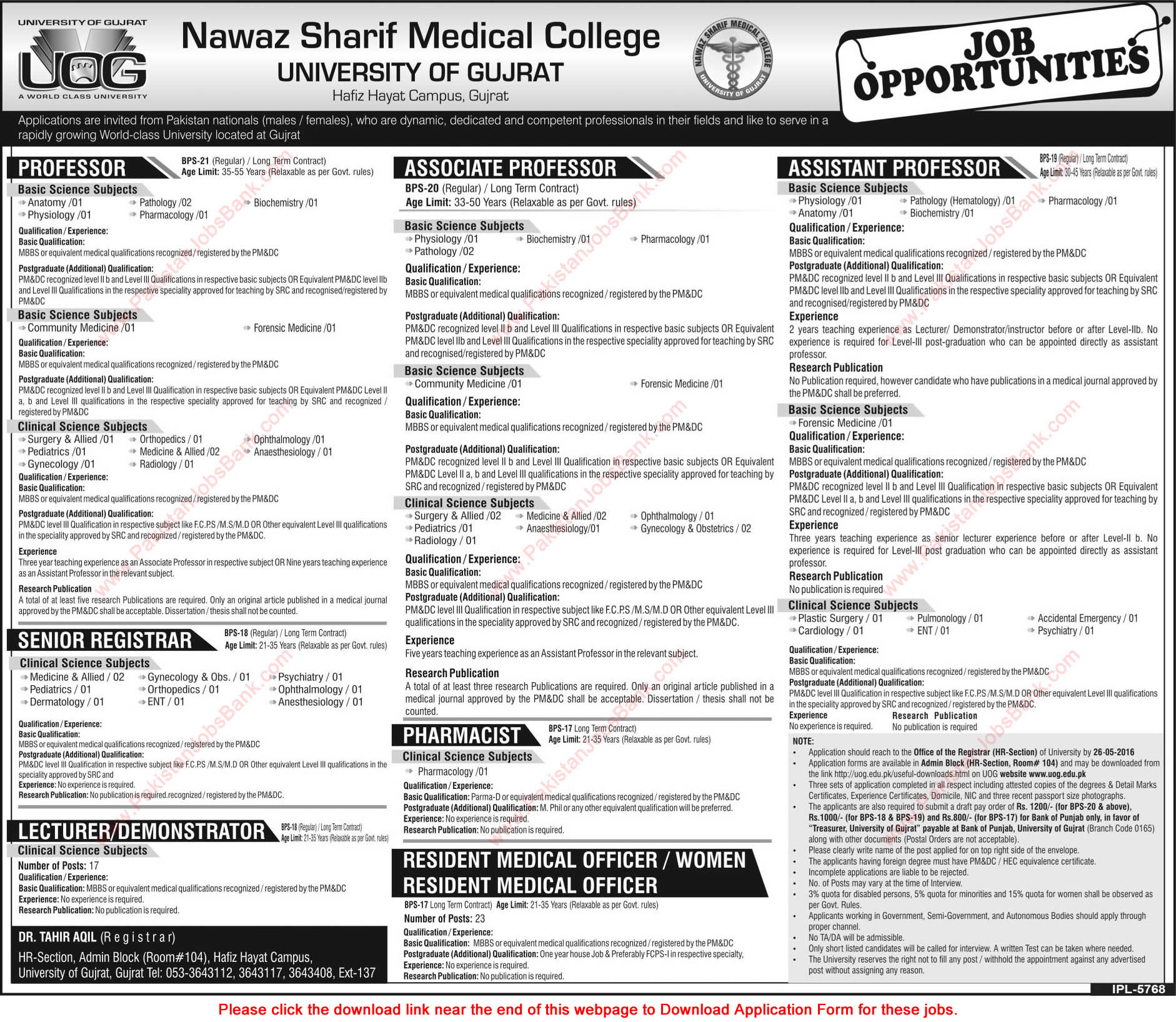 Nawaz Sharif Medical College University of Gujrat Jobs May 2016 UOG